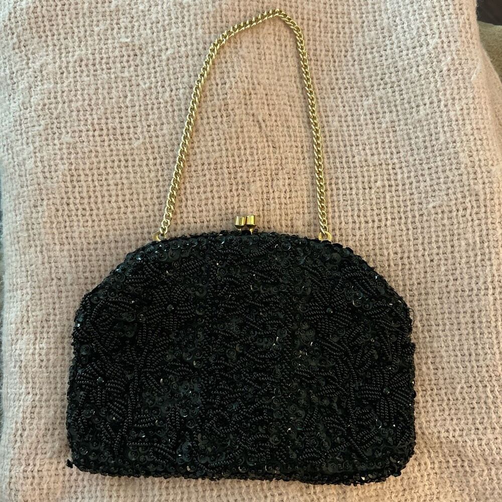 Vintage Black Beaded Evening Bag with‎ Gold Chain.